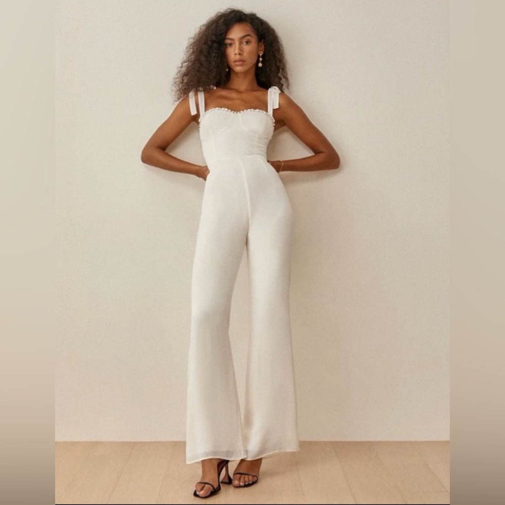 NEW Reformation Alfred Tie-Shoulder Wide-Leg Jumpsuit in Ivory Size 2